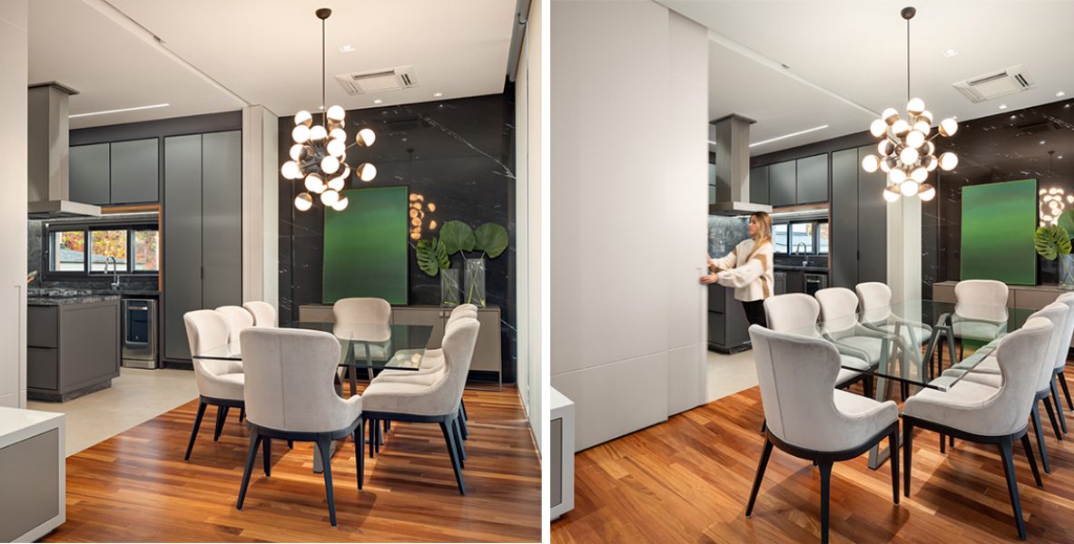 Uma porta corrediça faz a separação entre cozinha e sala de refeições, sempre que for necessário