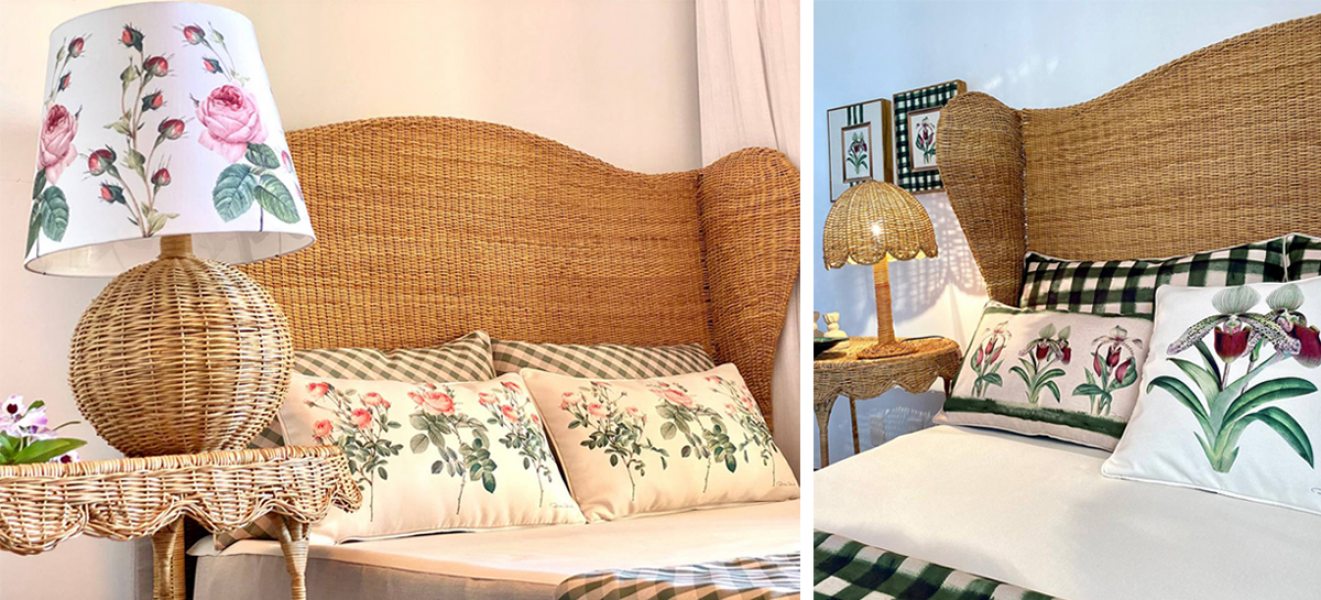 A marca Rebeca Duarte apresenta capas de almofadas e travesseiros, peseiras e cúpulas de abajures com motivos de rosas e orquídeas. Fotos Divulgação Rebeca Duarte Home Decor e ABUP