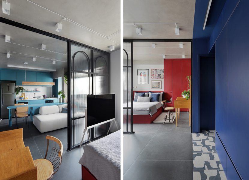 Integração visual: Painel em vidro canelado sugere amplitude e mantém a privacidade acústica entre living e quarto. Cores que setorizam: Paleta estratégica e grafismo no piso definem áreas sem a necessidade de paredes: azul caro na cozinha, azul escuro na sala e goiaba no quarto. 