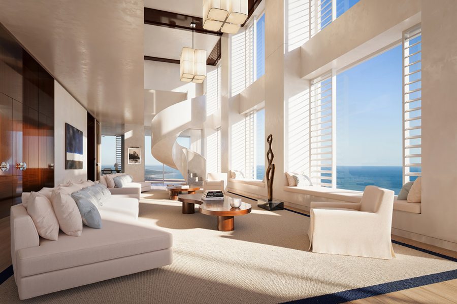 O residence terá 68 apartamentos distribuídos em três torres, com layouts que variam de dois a cinco quartos e metragens de 203 a 810 m². 