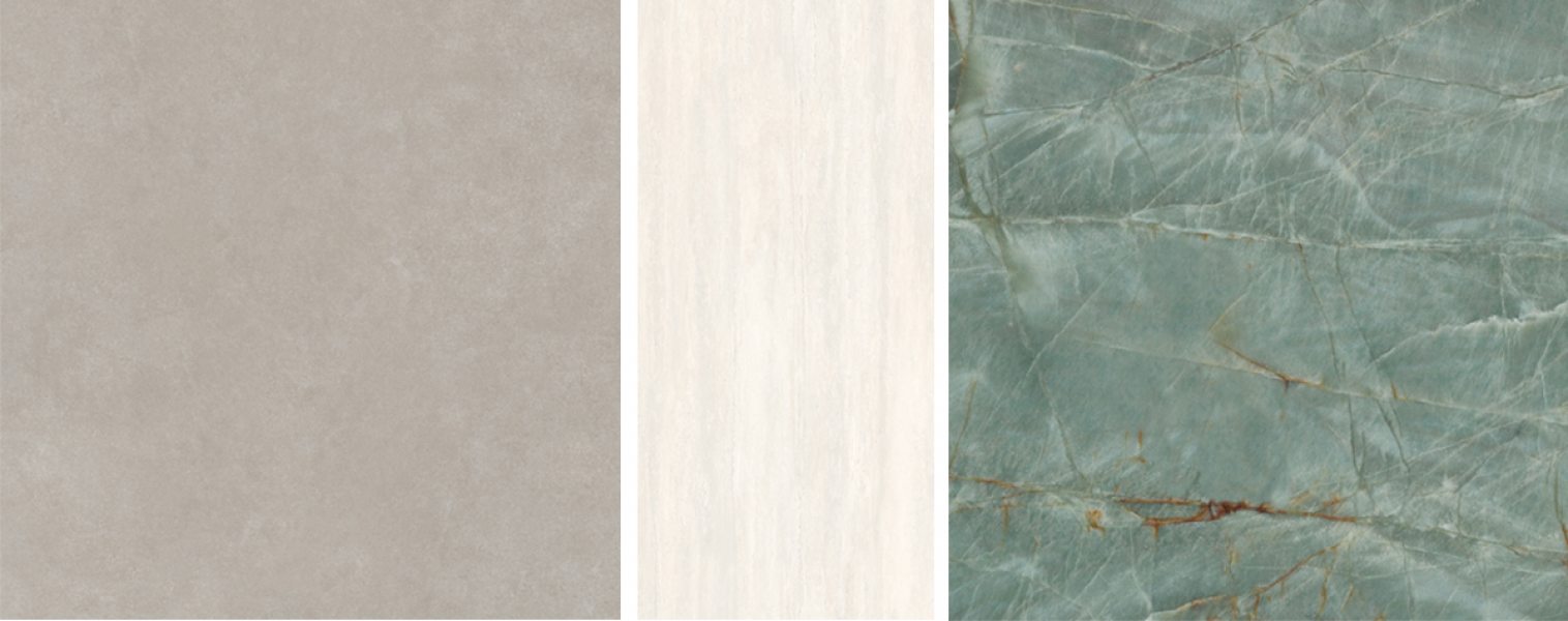 Porcelanatos da série Quadra Greige, Navona Natural e Topázio, Roca.