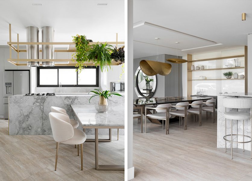 Integrada ao estar e à área gourmet, a sala de jantar é marcada pelo painel ripado em laca cinza fosca que reveste as paredes e pelo destaque dos pendentes de latão dourado sobre a mesa. O móvel com prateleiras metálicas que emolduram o buffet reforça o conceito contemporâneo e monocromático que permeia toda a área social da casa. A cozinha, ganhou bancada em mármore cinza claro, coifas metálicas arredondadas e prateleiras metálicas na cor champagne gold, combinando com a paleta de cores do projeto.