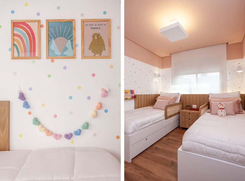 Com camas em tamanho padrão e marcenaria neutra, o quarto já foi planejado para acompanhar o crescimento das crianças até a adolescência. Elementos decorativos como papel de parede e quadros criam um ambiente divertido e podem ser substituídos com facilidade conforme a criança cresce e os gostos mudam. Projeto Thaís Monfré Arquitetura | Foto Sof Minatel.