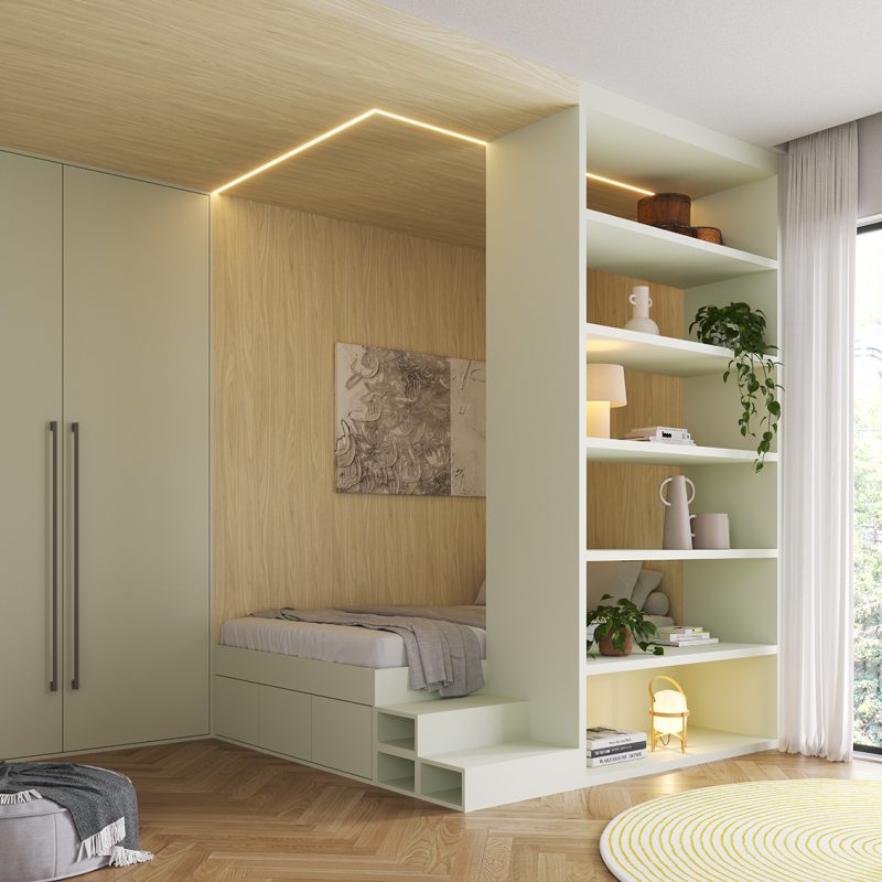 Os tons verdes, aplicados ao quarto, criam a sensação de refúgio necessário para um espaço de descanso e reenergização
