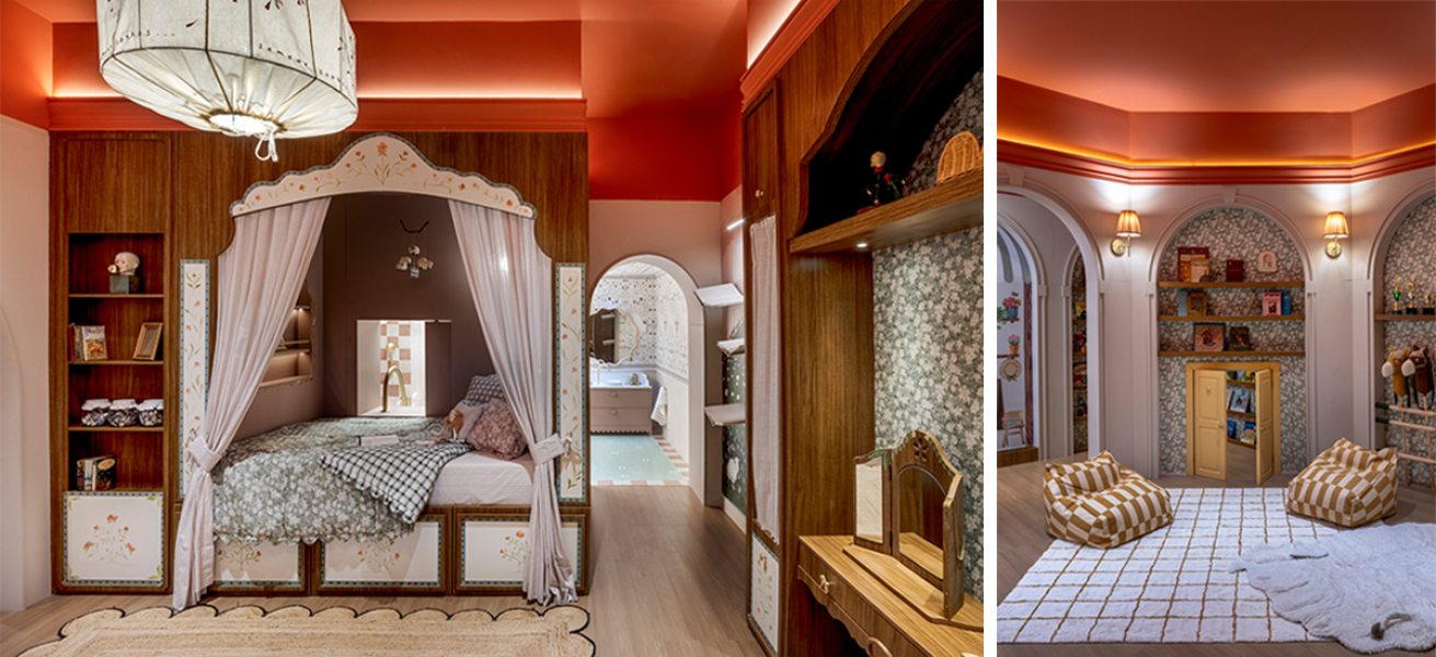 Quarto da Fazenda — Sophia Abraham: paredes em arco em um quarto infantil lúdico e romântico.