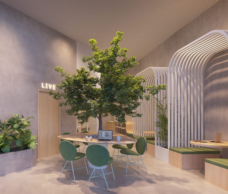 Salas de coworking phygital são espaços equipados com telas interativas, videoconferência e conexão à internet de alta velocidade