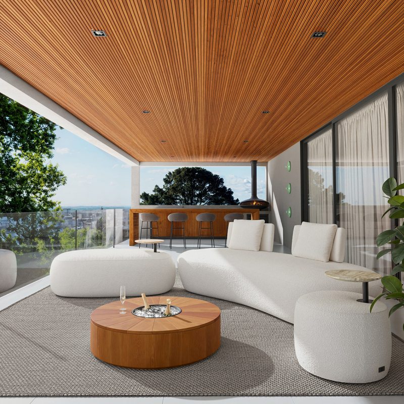 Sofá Huron — Bux Linhas orgânicas inspiradas no Lago Huron, combinando serenidade e fluidez em design para uso interno ou externo.