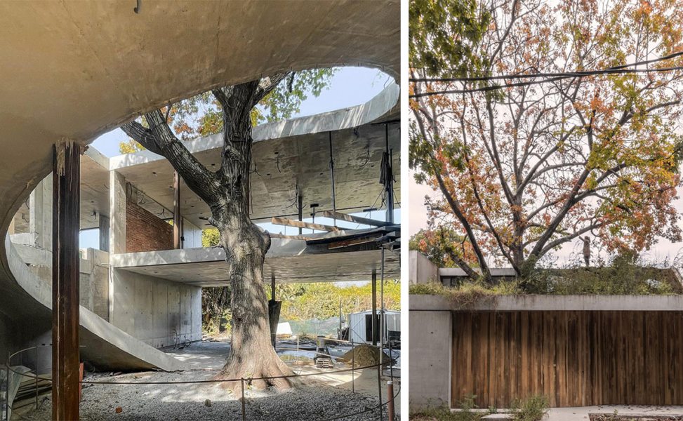 O projeto (foto acima da obra de construção), tem fachada cega voltada para o norte, o que garantiu a privacidade dos moradores