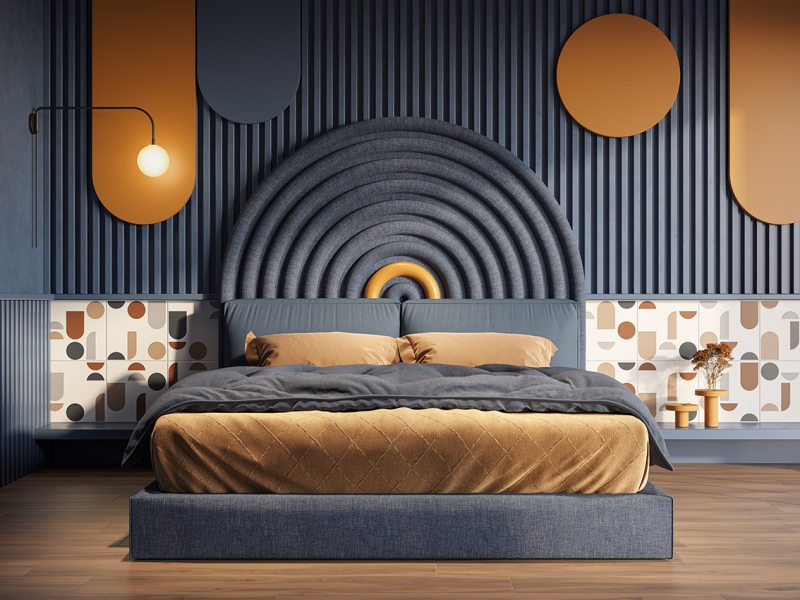 Ao flertar com as referências modernistas do Art Déco, o colorido e as formas geométricas da Série Modern, da Incepa, acrescentam vivacidade em 10 diferentes estampas. Multicolor e no tamanho 30 x 90,2 cm, sua aplicação resulta em painéis coloridos e personalizados. No quarto da imagem, realçou a composição da cabeceira