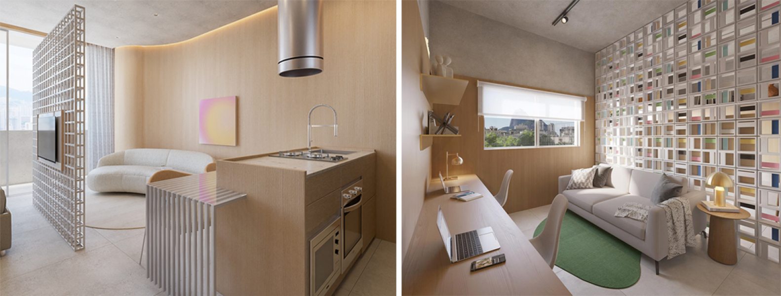 Madeira, tons claros e elementos naturais integram a sugestão de décor para os apartamentos