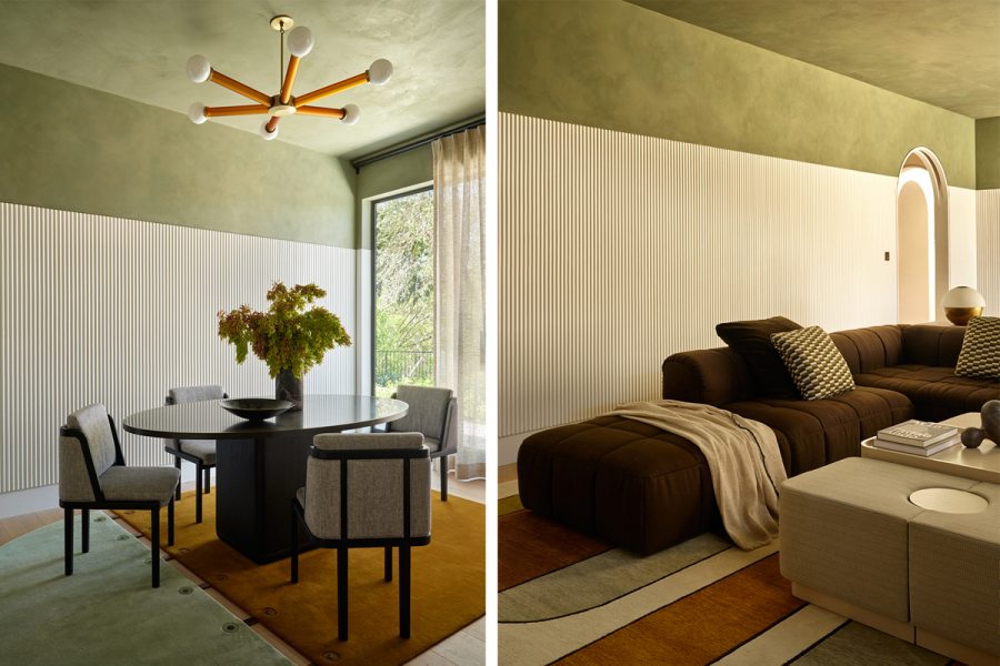 Na biblioteca, teto verde musgo com paredes de acabamento canelado.