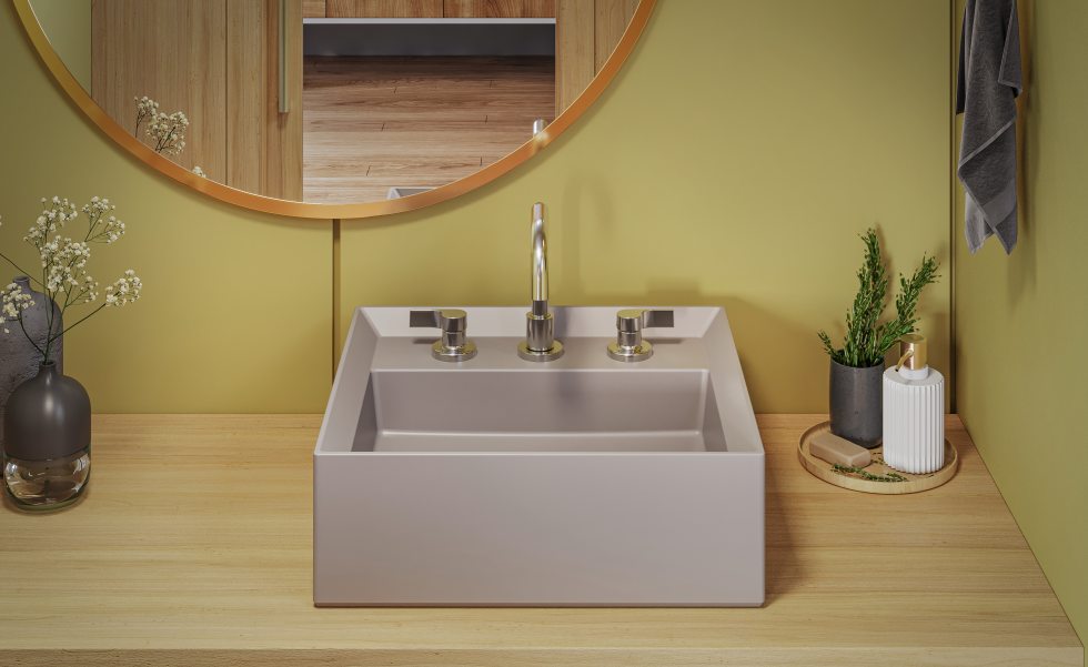 Acima: A cuba de apoio Stone, da linha Platinum, reforça a modernidade das linhas geométricas para um banheiro atemporal | Foto: Divulgação Incepa Acima: A cuba de apoio Stone, da linha Platinum, reforça a modernidade das linhas geométricas para um banheiro atemporal | Foto: Divulgação Incepa