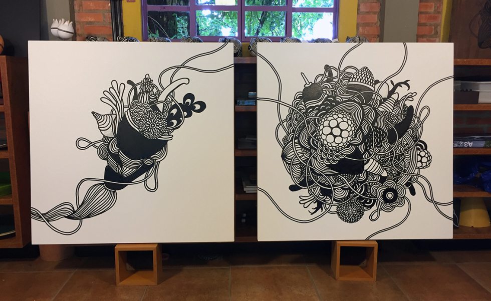 As telas em preto e branco, uma característica forte nos desenhos de André As telas em preto e branco, uma característica forte nos desenhos de André
