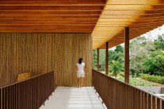 A circulação no pavimento superior acontece por uma passarela protegida pela ampla cobertura. Revestida em biriba, madeira presente em paredes, tetos e painéis, a estrutura reforça a identidade tropical da residência.