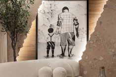 A Série Granato, da Roca, em SuperFormato 120 x 250 cm, foi utilizada como moldura para a obra de arte escolhida para o ambiente Adega Degustação. Foto Felipe Cuine.